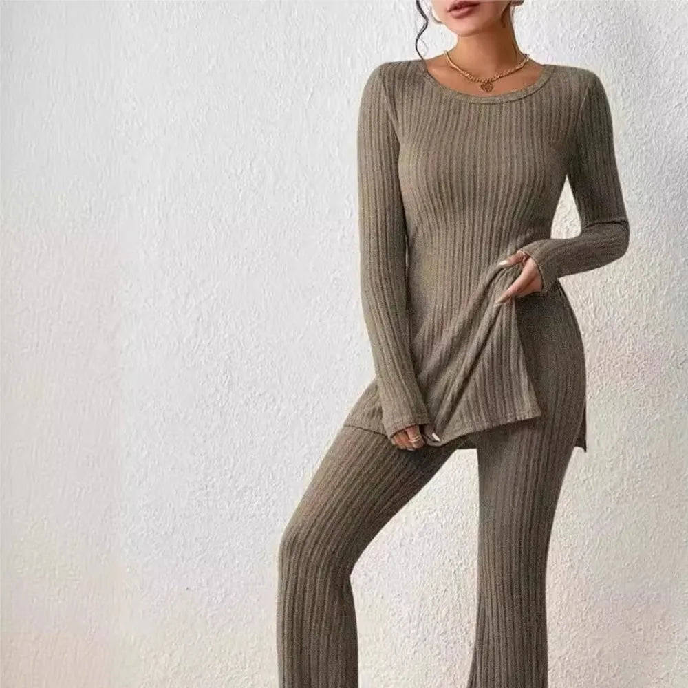 Autumn Winter Women's Clothing New Style Solid Color Sexy Casual Long Sleeved Round Neck Slit Fashion Temperament Two-piece Set