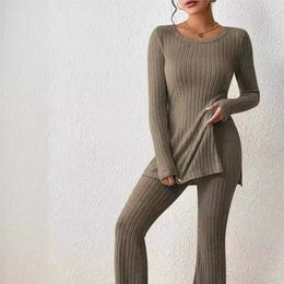 Autumn Winter Women's Clothing New Style Solid Color Sexy Casual Long Sleeved Round Neck Slit Fashion Temperament Two-piece Set