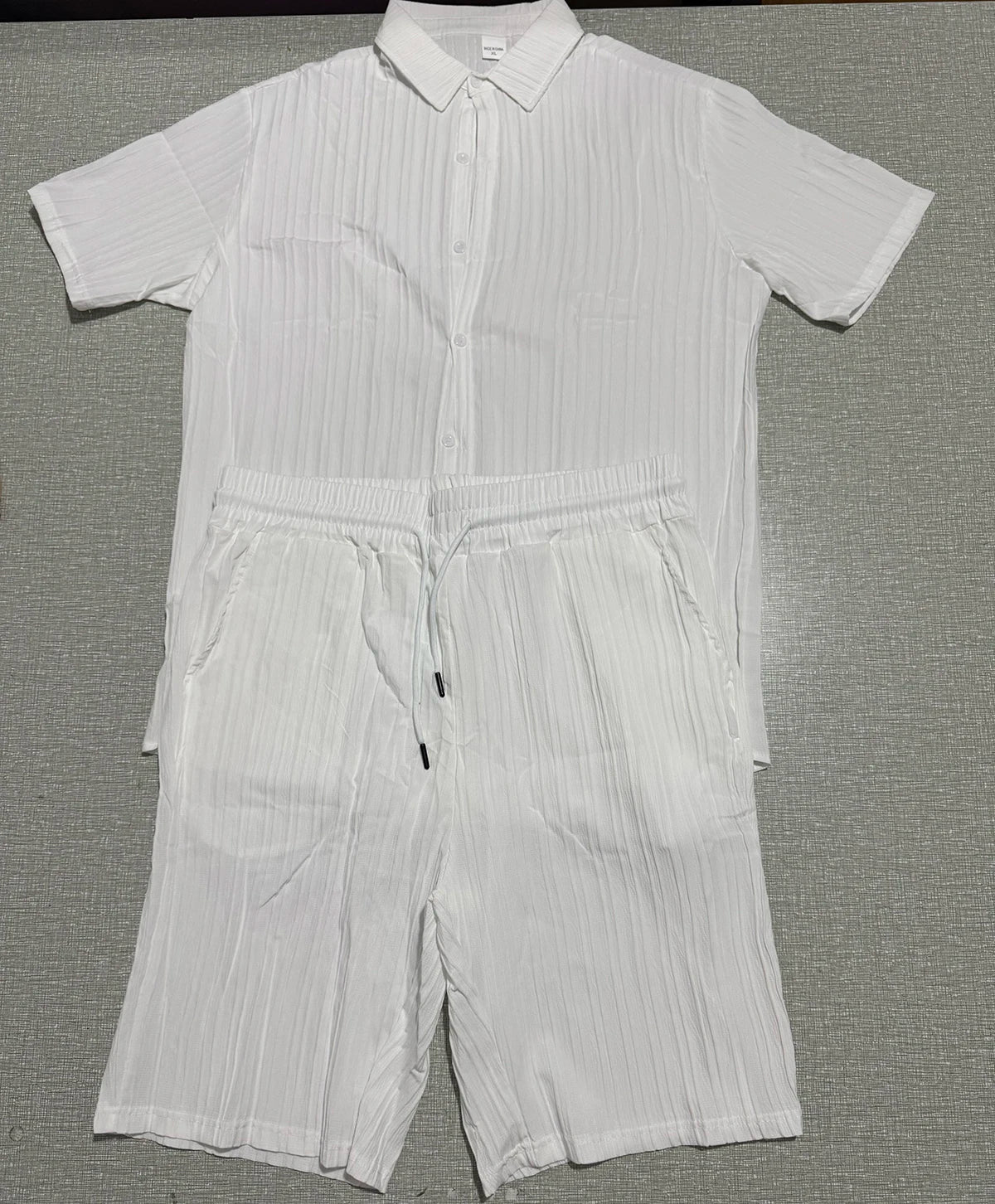 Lazy Street Style Vertical Stripe Slimming Shirt Shorts Two-piece Set No Need To Pair With Autumn Men's Thin Knit Sports Suit