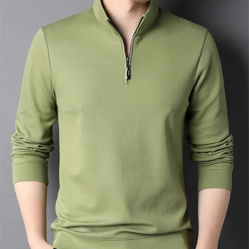 2023 Spring and Autumn Men's Pullover Stand Neck Zipper Solid Long Sleeve T-shirt High Neck POLO Bottom Fashion Casual Tops