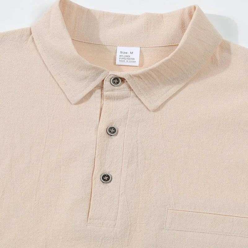 Men's Casual Soft Lightweight Linen Cotton Lapel Shirt Spring Autumn Loose Solid Color Fashion Decorative Flap Top
