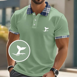 Whale Grid Pattern Polo Shirt For Men Fun Colorful 3D Printed Tees Summer Casual Street Short Sleeve Loose T-Shirt Lapel Tops
