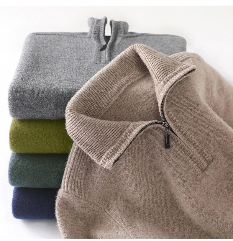 Autumn/Winter New Men's 100% Pure Wool Sweater Business Casual Half Zip Lapel Pullover Thickened Warm Knitted Long Sleeve Jumper