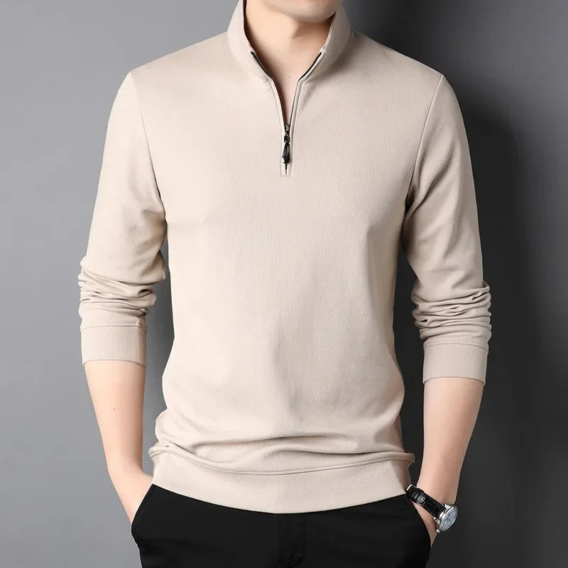 2023 Spring and Autumn Men's Pullover Stand Neck Zipper Solid Long Sleeve T-shirt High Neck POLO Bottom Fashion Casual Tops