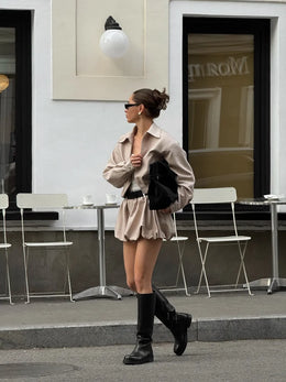 Flower Bud Shorts Coats Suits Women Lapel Long Sleeves Zipper Elastic Band Wide Legs Sets Female 2025 Autumn New Fashion Outfits