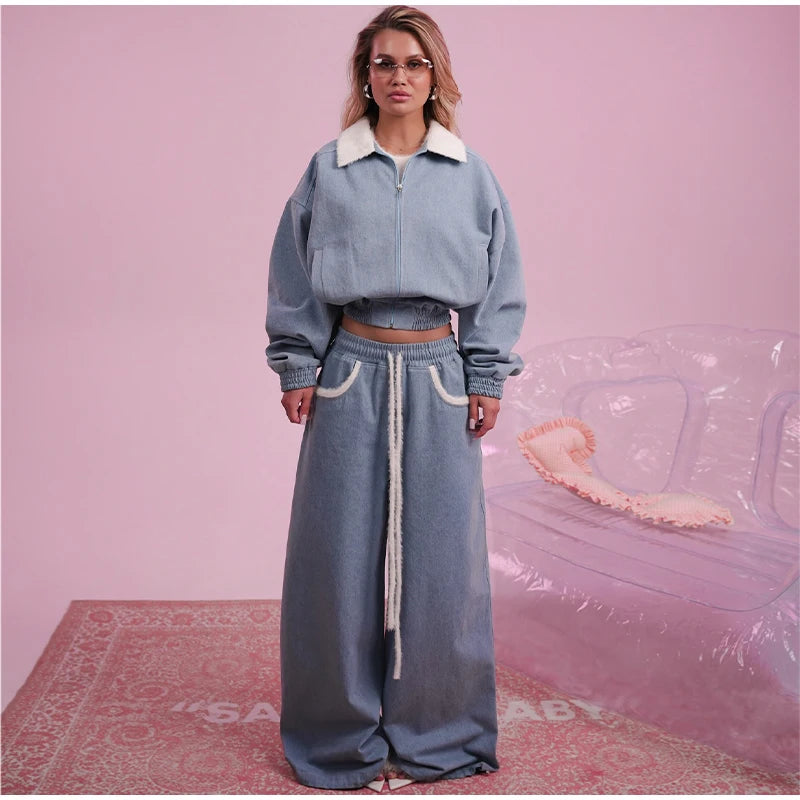 Solid Women Set Contrast Lapel Zip Up Denim Texture Jacket Elastic Waist Shorts Wide Leg Drawstring Trousers 2026 Autumn Suit