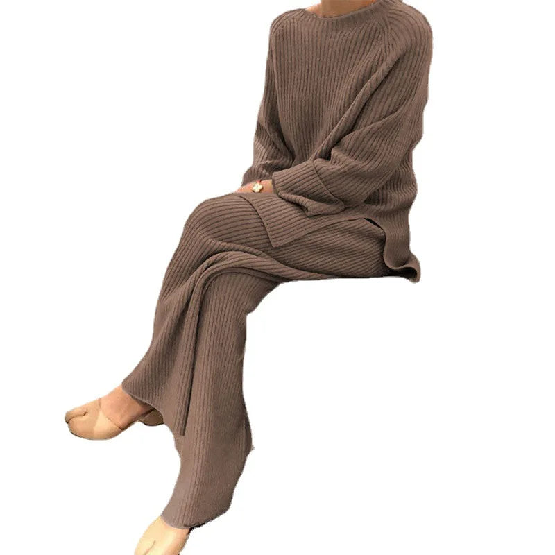 2025 Autumn Women New Loose Round Neck Long Sleeve Pullover + Straight Wide-leg Trousers Two-piece Suit Women's Home Casual Suit