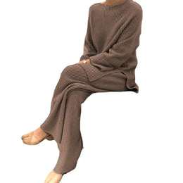 2025 Autumn Women New Loose Round Neck Long Sleeve Pullover + Straight Wide-leg Trousers Two-piece Suit Women's Home Casual Suit