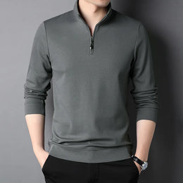 2023 Spring and Autumn Men's Pullover Stand Neck Zipper Solid Long Sleeve T-shirt High Neck POLO Bottom Fashion Casual Tops