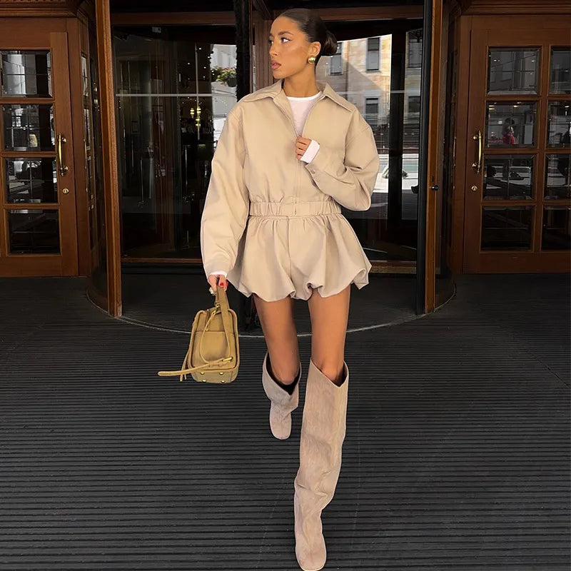 Casual Solid Women's Jacket Shorts Suit Turn-Down Collar Zipper Pocket Flower Bud Short Pants Lady Set 2026 Autumn Lady Outfits