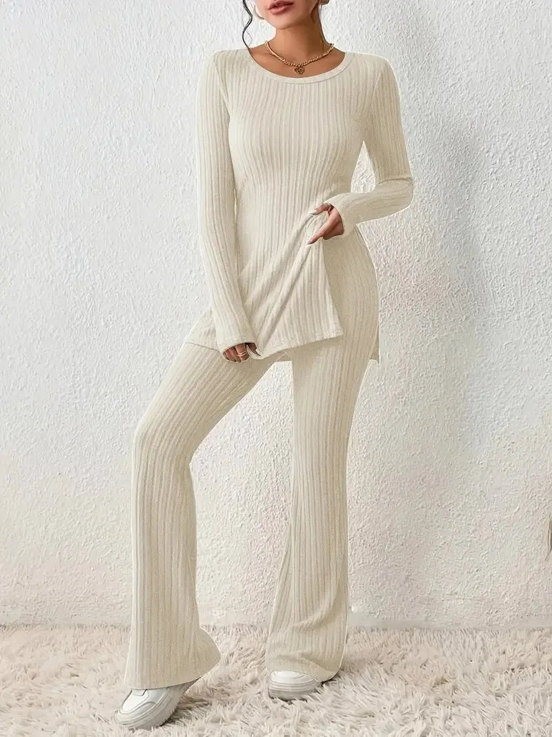 Autumn Winter Women's Clothing New Style Solid Color Sexy Casual Long Sleeved Round Neck Slit Fashion Temperament Two-piece Set