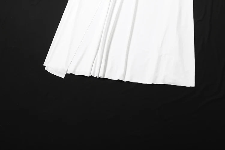 Nibber Greek Style 2Piece Set Women Turtleneck Asymmetrical Hem One Sleeve Folds Top+Elastic Waist Skirt Vacation Elegant Suits