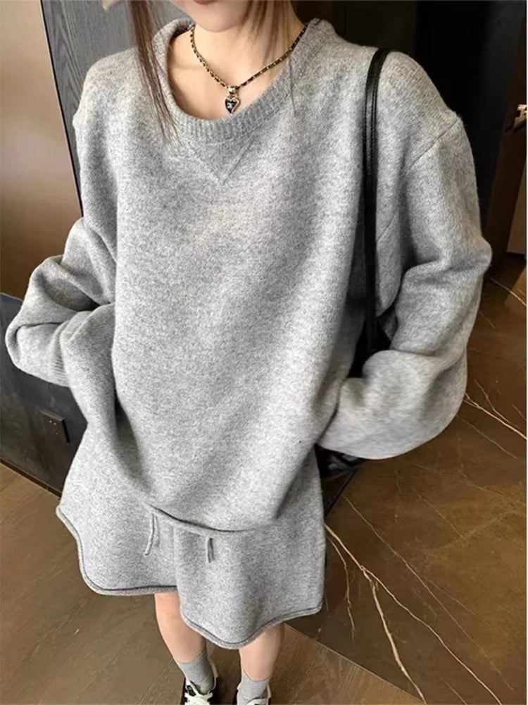 Korean Lazy Style Women's Set Autumn/Winter New Sheep Wool Loose O- Neck Long Sleeve Sweater High Waist Knit Shorts 2-piece Suit