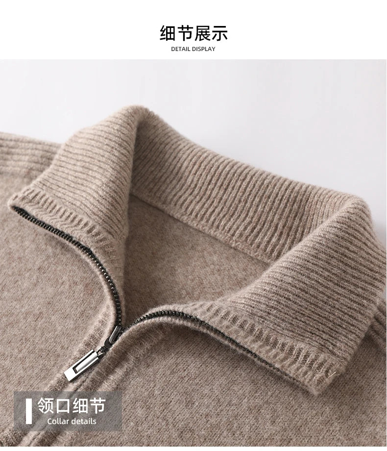 Autumn/Winter New Men's 100% Pure Wool Sweater Business Casual Half Zip Lapel Pullover Thickened Warm Knitted Long Sleeve Jumper