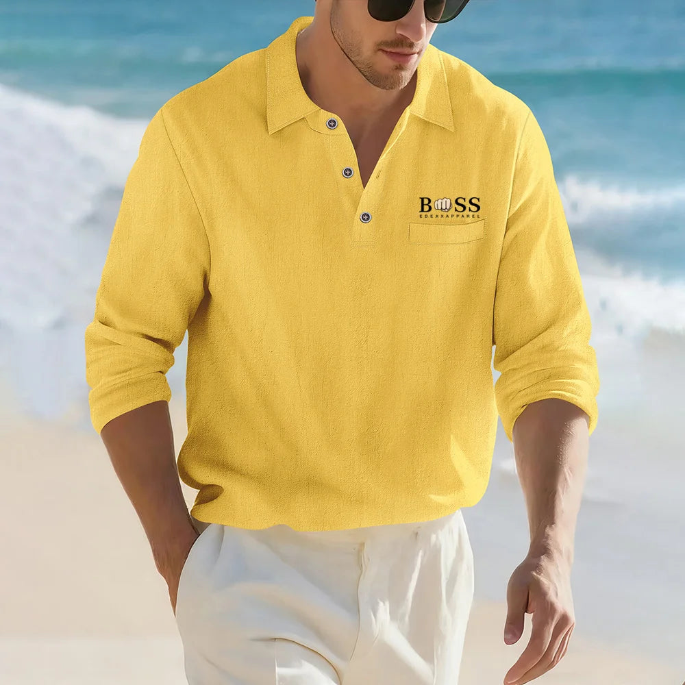 Men's Casual Soft Lightweight Linen Cotton Lapel Shirt Spring Autumn Loose Solid Color Fashion Decorative Flap Top