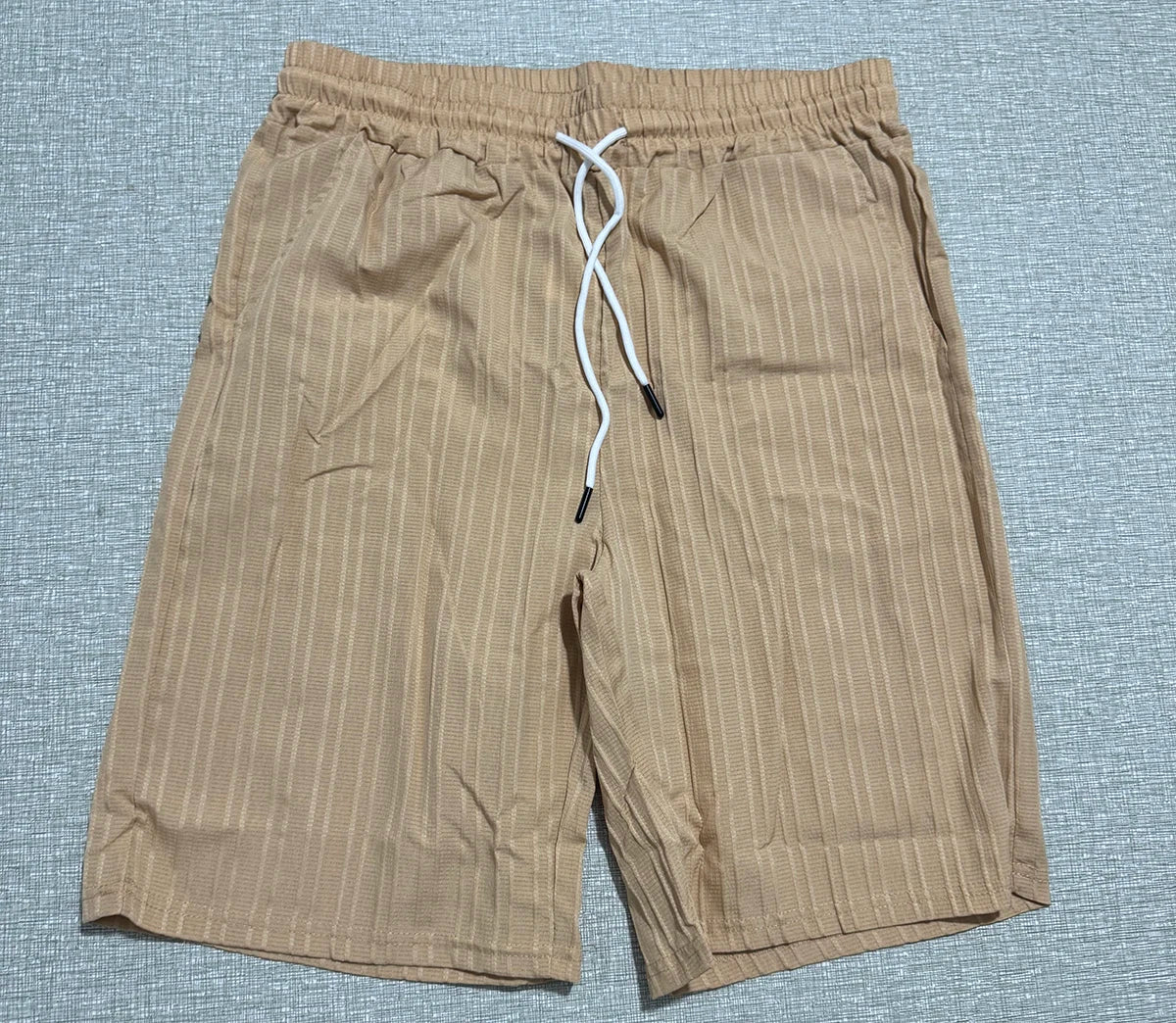 Lazy Street Style Vertical Stripe Slimming Shirt Shorts Two-piece Set No Need To Pair With Autumn Men's Thin Knit Sports Suit