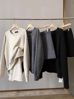 Korean Lazy Style Women's Set Autumn/Winter New Sheep Wool Loose O- Neck Long Sleeve Sweater High Waist Knit Shorts 2-piece Suit