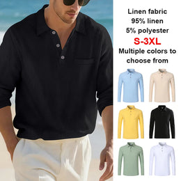 Men's Casual Soft Lightweight Linen Cotton Lapel Shirt Spring Autumn Loose Solid Color Fashion Decorative Flap Top