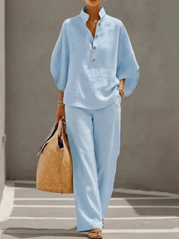 Fashion Cotton Linen Pant Set Women's Matching Sets Casual Stand Collar Button Top Wide Leg 2-piece Set Retro Female Office Suit