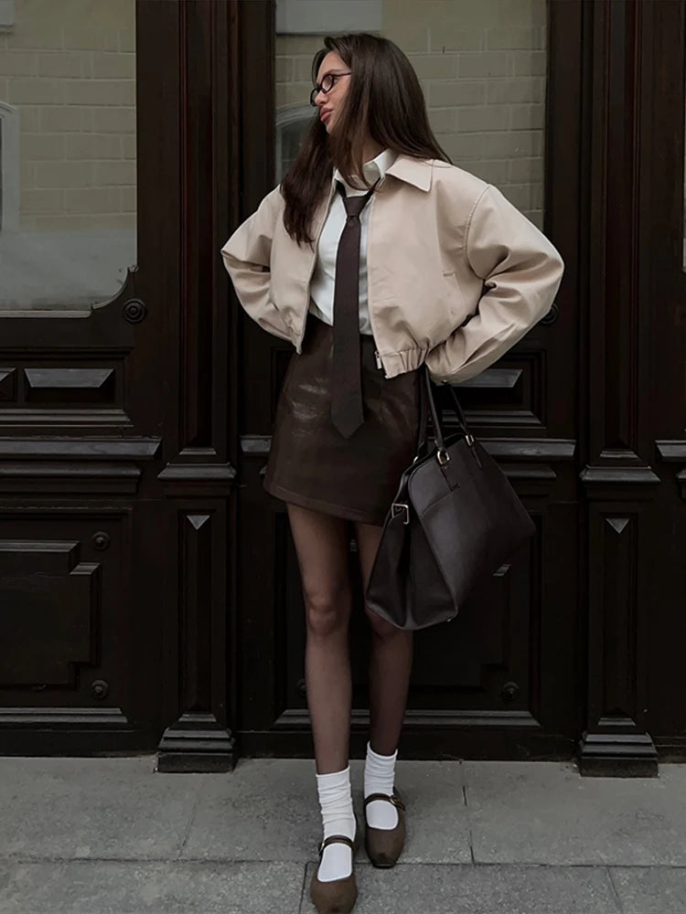 Casual Solid Women's Jacket Shorts Suit Turn-Down Collar Zipper Pocket Flower Bud Short Pants Lady Set 2026 Autumn Lady Outfits