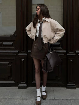 Casual Solid Women's Jacket Shorts Suit Turn-Down Collar Zipper Pocket Flower Bud Short Pants Lady Set 2026 Autumn Lady Outfits