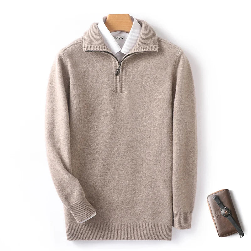 Autumn/Winter New Men's 100% Pure Wool Sweater Business Casual Half Zip Lapel Pullover Thickened Warm Knitted Long Sleeve Jumper