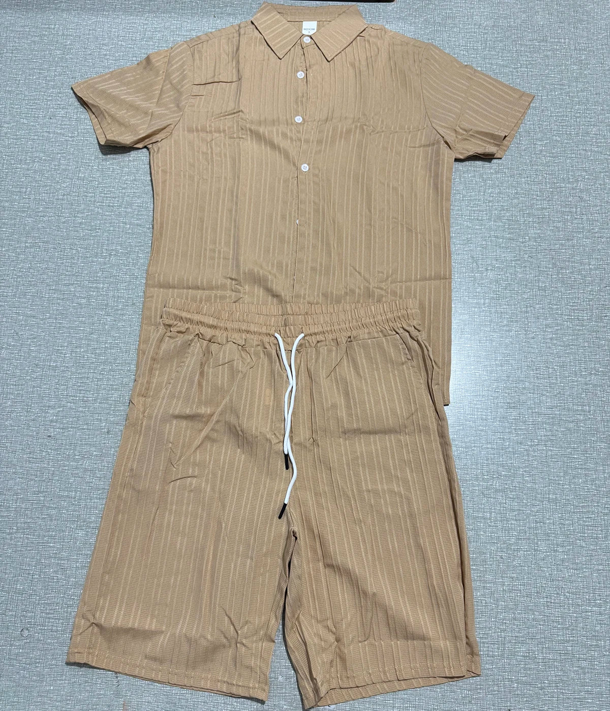 Lazy Street Style Vertical Stripe Slimming Shirt Shorts Two-piece Set No Need To Pair With Autumn Men's Thin Knit Sports Suit