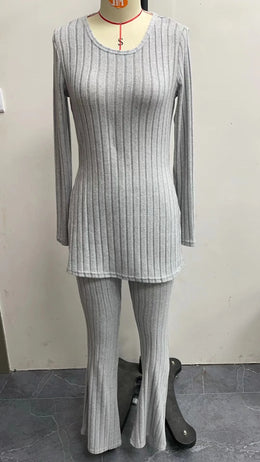 Autumn Winter Women's Clothing New Style Solid Color Sexy Casual Long Sleeved Round Neck Slit Fashion Temperament Two-piece Set