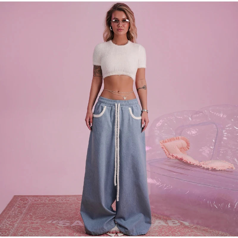 Solid Women Set Contrast Lapel Zip Up Denim Texture Jacket Elastic Waist Shorts Wide Leg Drawstring Trousers 2026 Autumn Suit