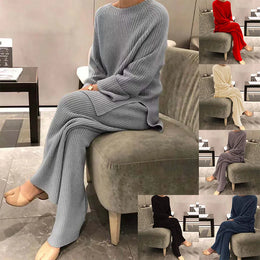 2025 Autumn Women New Loose Round Neck Long Sleeve Pullover + Straight Wide-leg Trousers Two-piece Suit Women's Home Casual Suit